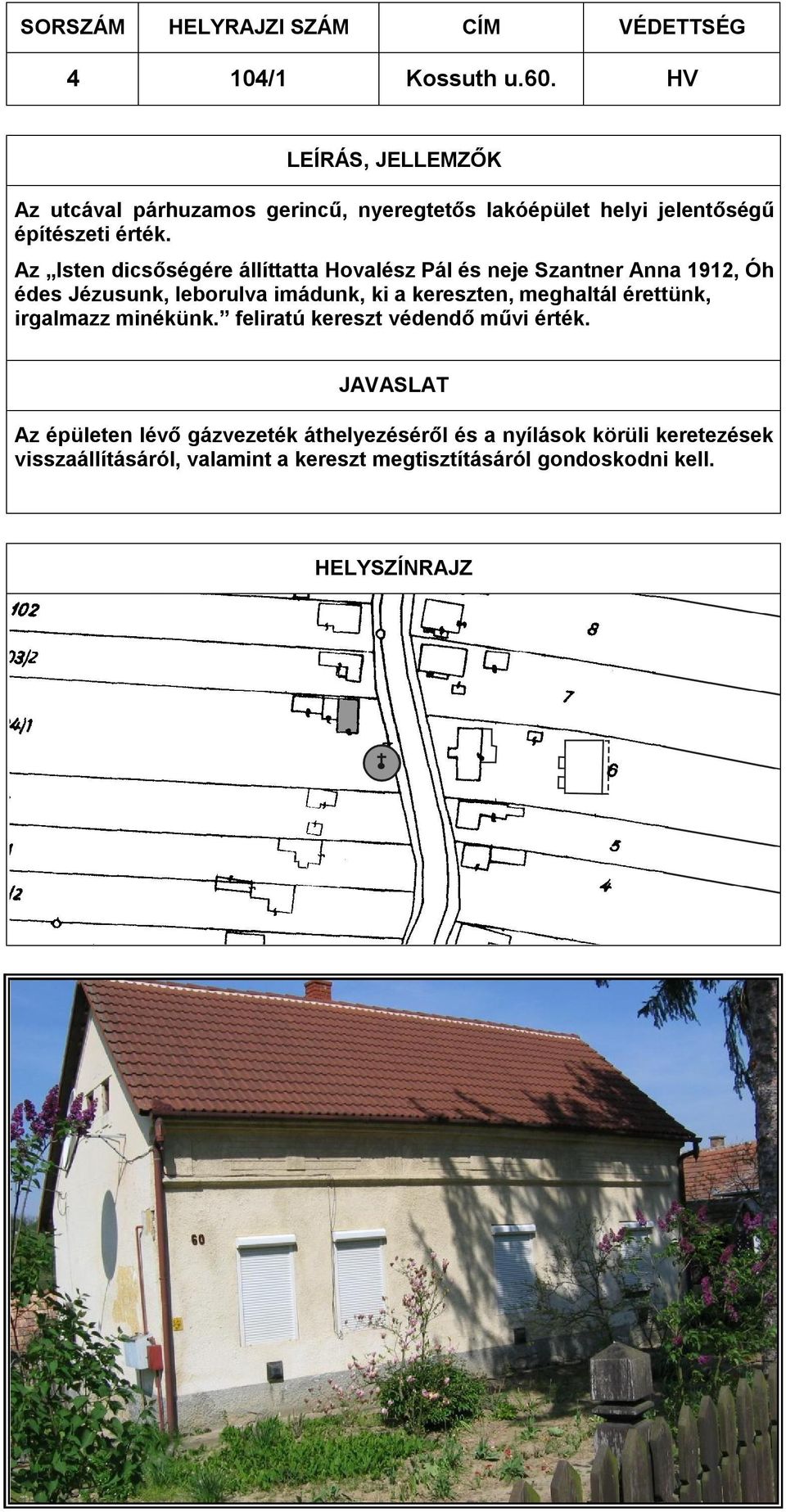 Az Isten dicsőségére állíttatta Hovalész Pál és neje Szantner Anna 1912, Óh édes Jézusunk, leborulva imádunk, ki a kereszten, meghaltál