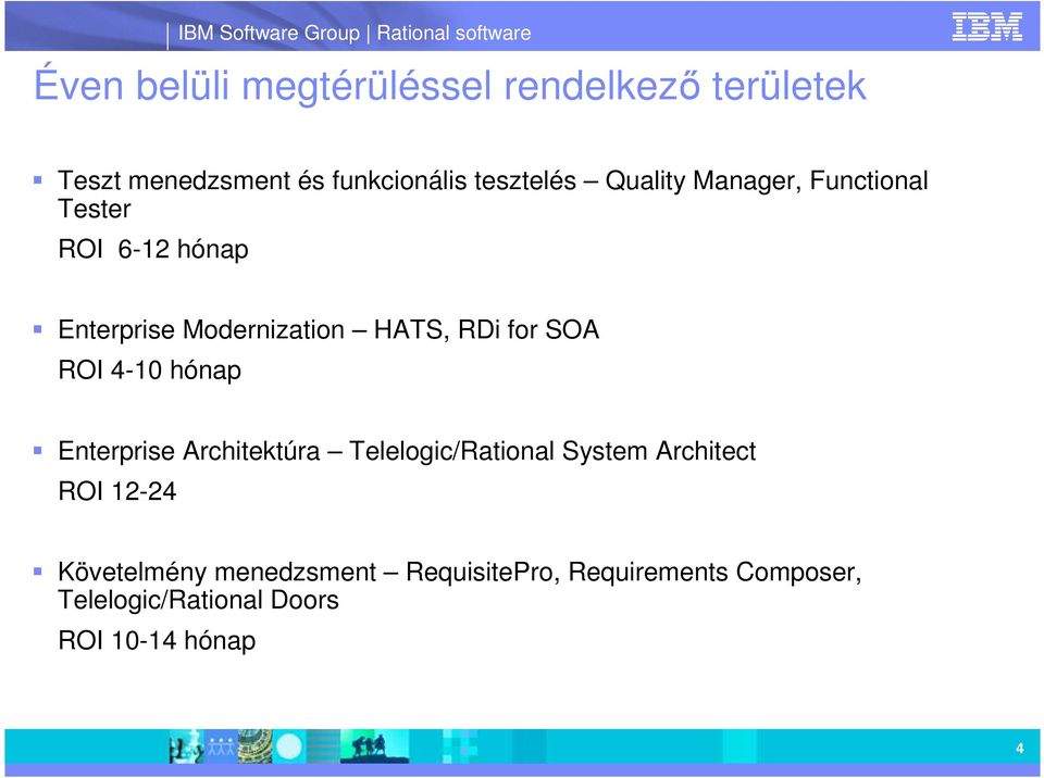 ROI 4-10 hónap Enterprise Architektúra Telelogic/Rational System Architect ROI 12-24