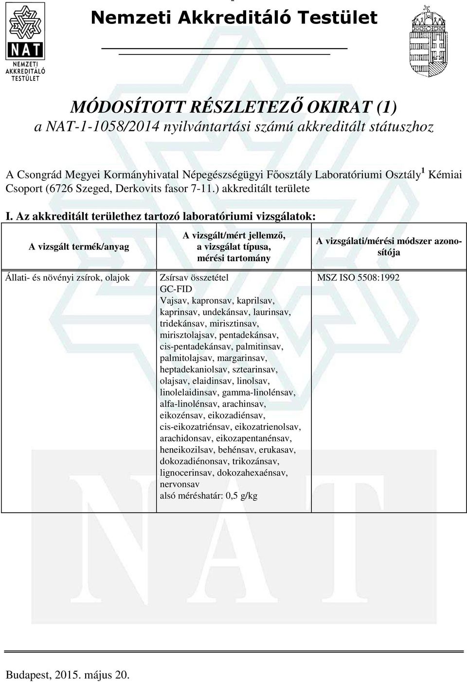 Az akkreditált területhez tartozó laboratóriumi vizsgálatok: Állati- és növényi zsírok, olajok Zsírsav összetétel GC-FID Vajsav, kapronsav, kaprilsav, kaprinsav, undekánsav, laurinsav, tridekánsav,