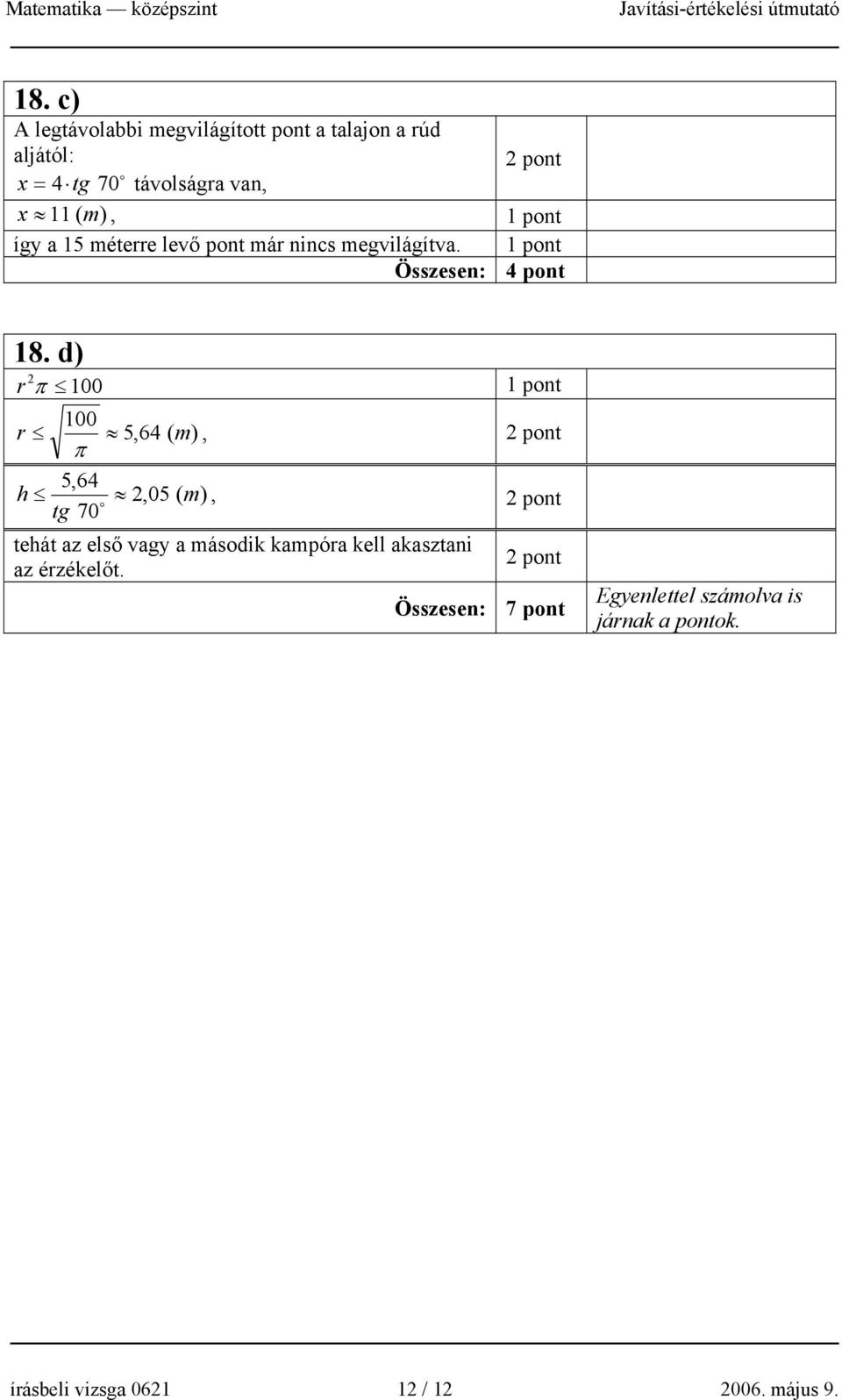 d) r π 100 100 r 5,64 ( m), π 5,64 h,05 ( m), o tg 70 tehát az első vagy a második kampóra