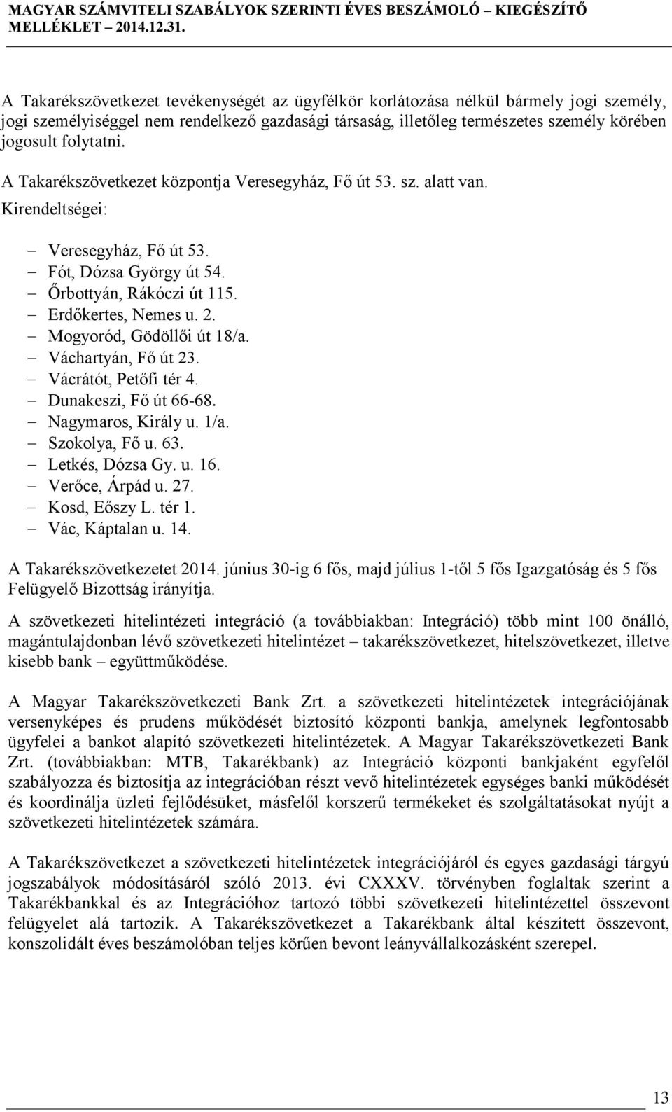 Mogyoród, Gödöllői út 18/a. Váchartyán, Fő út 23. Vácrátót, Petőfi tér 4. Dunakeszi, Fő út 66-68. Nagymaros, Király u. 1/a. Szokolya, Fő u. 63. Letkés, Dózsa Gy. u. 16. Verőce, Árpád u. 27.