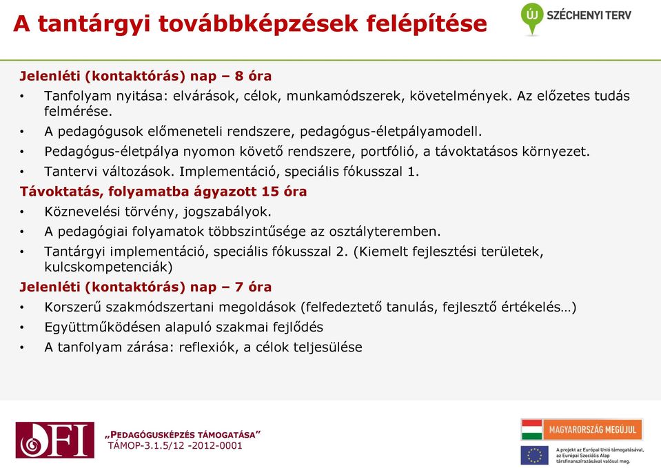 Implementáció, speciális fókusszal 1. Távoktatás, folyamatba ágyazott 15 óra Köznevelési törvény, jogszabályok. A pedagógiai folyamatok többszintűsége az osztályteremben.