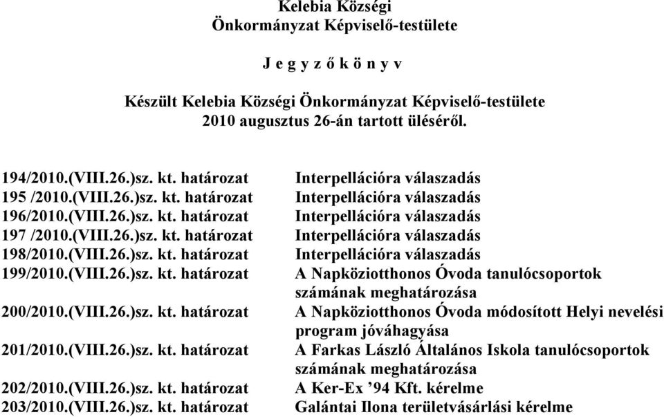 (VIII.26.)sz. kt. határozat A Napköziotthonos Óvoda módosított Helyi nevelési program jóváhagyása 201/2010.(VIII.26.)sz. kt. határozat A Farkas László Általános Iskola tanulócsoportok számának meghatározása 202/2010.