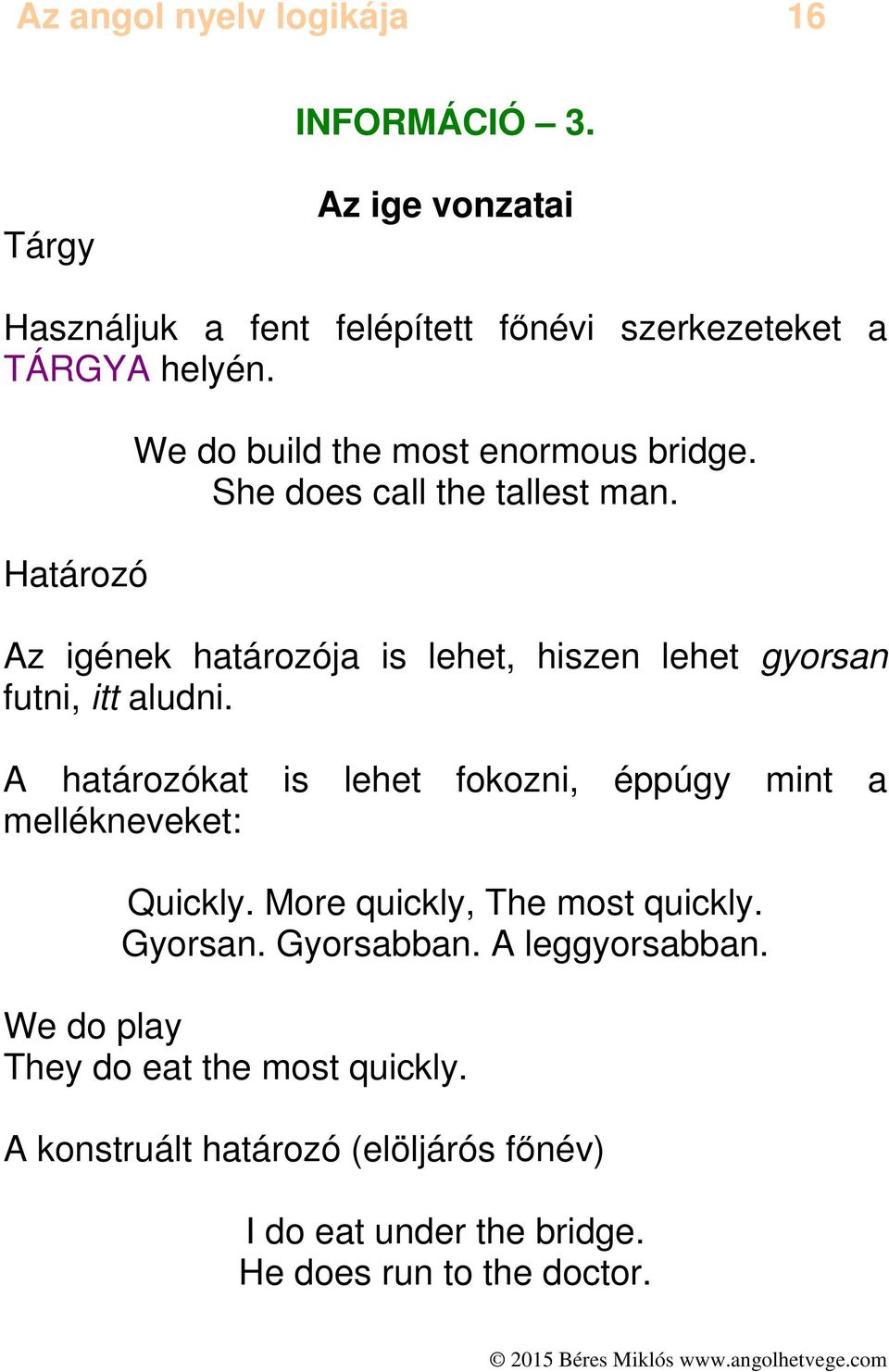 Az igének határozója is lehet, hiszen lehet gyorsan futni, itt aludni.