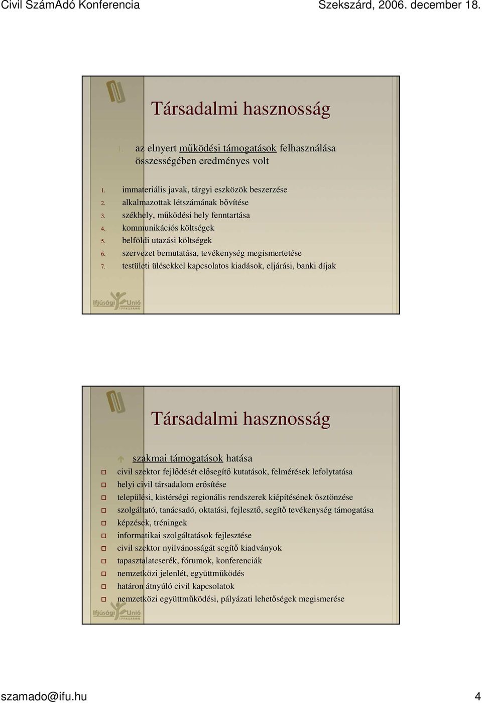 testületi ülésekkel kapcsolatos kiadások, eljárási, banki díjak Társadalmi hasznosság szakmai támogatások hatása civil szektor fejlıdését elısegítı kutatások, felmérések lefolytatása helyi civil