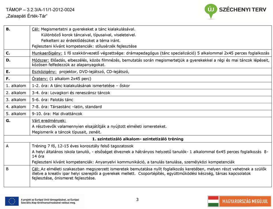 Módszer: Előadás, elbeszélés, közös filmnézés, bemutatás során megismertetjük a gyerekekkel a régi és mai táncok lépéseit, közösen felfedezzük az alapanyagokat. E. Eszközigény: projektor, DVD-lejátszó, CD-lejátszó, F.