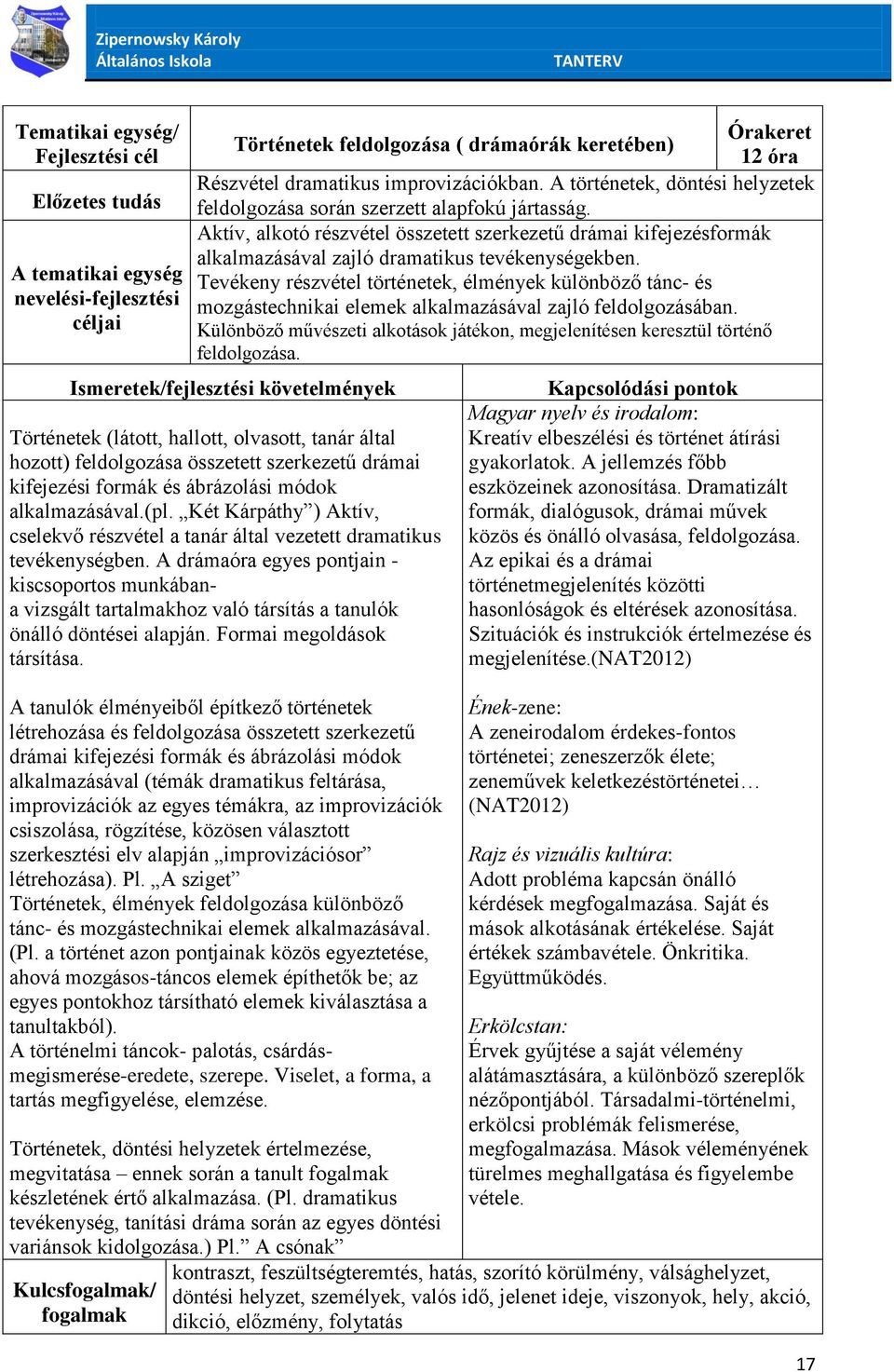 Tevékeny részvétel történetek, élmények különböző tánc- és mozgástechnikai elemek alkalmazásával zajló feldolgozásában.