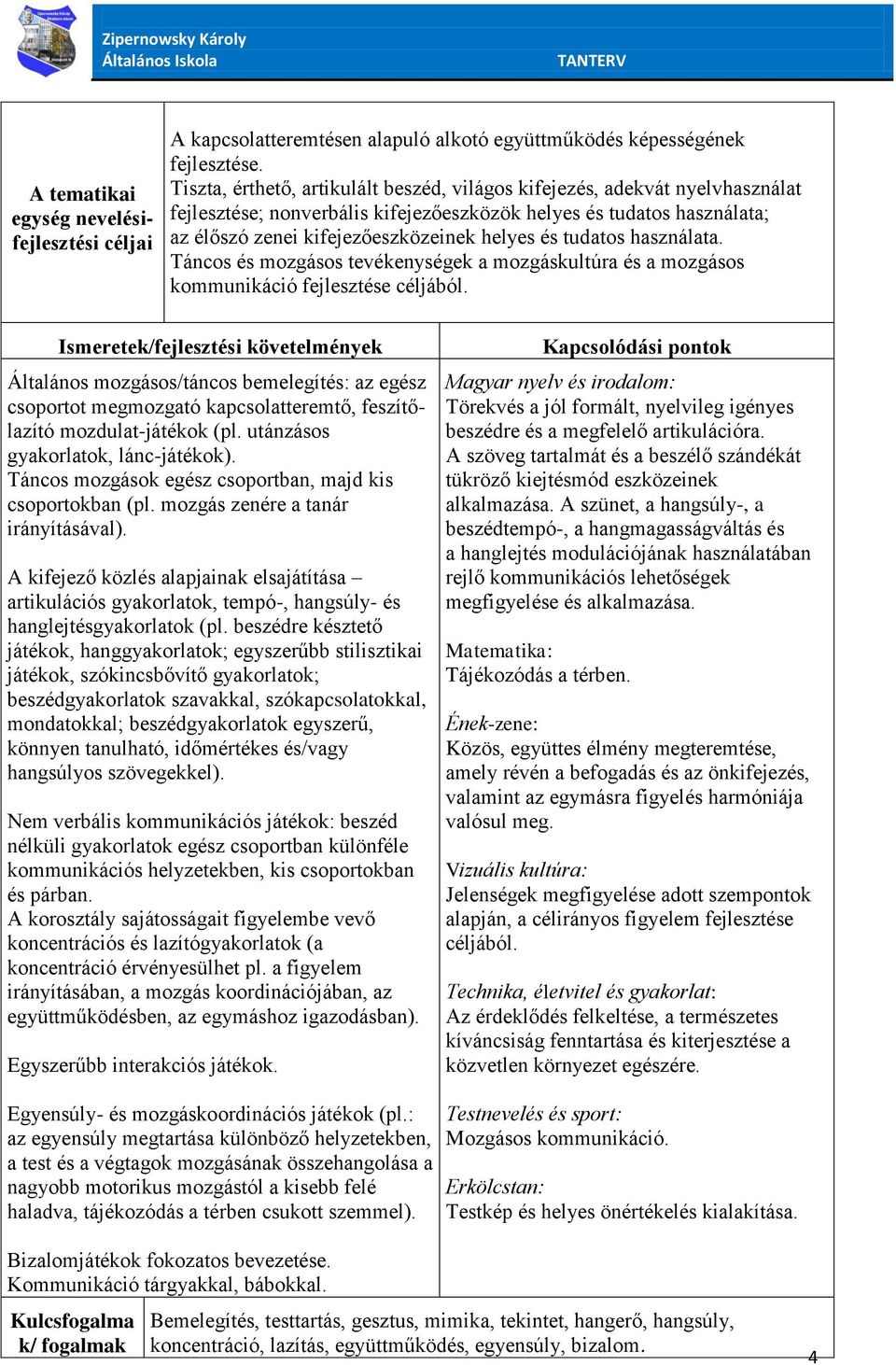 tudatos használata. Táncos és mozgásos tevékenységek a mozgáskultúra és a mozgásos kommunikáció fejlesztése céljából.