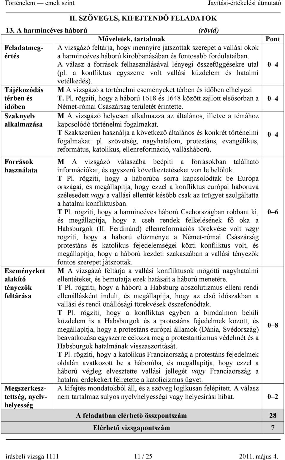 A vizsgázó feltárja, hogy mennyire játszottak szerepet a vallási okok A válasz a források felhasználásával lényegi összefüggésekre utal (pl.