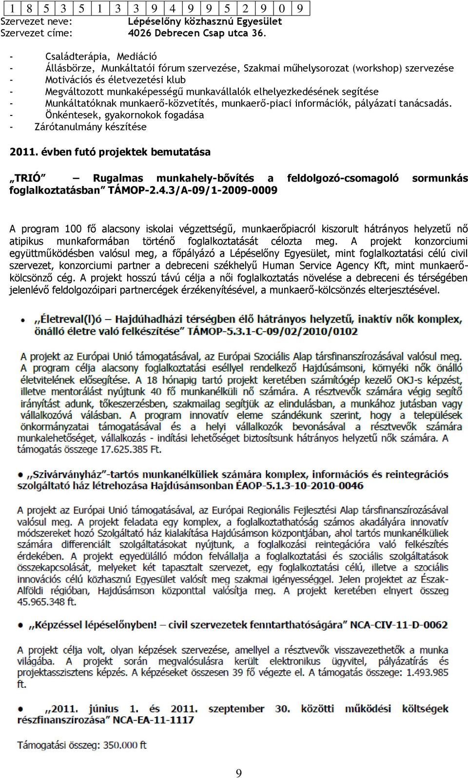évben futó projektek bemutatása TRIÓ Rugalmas munkahely-bővítés a feldolgozó-csomagoló sormunkás foglalkoztatásban TÁMOP-2.4.