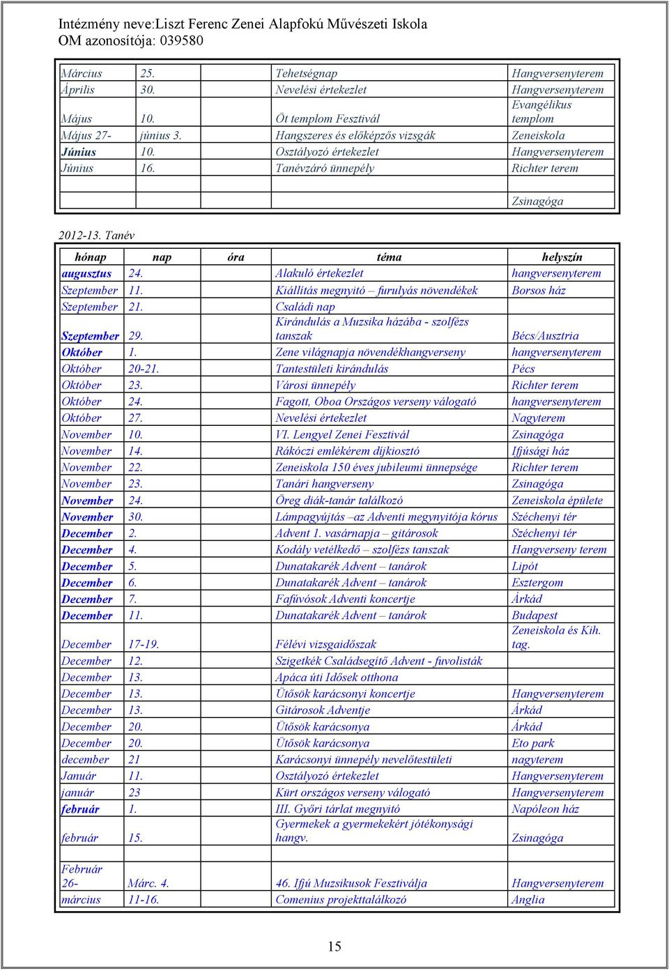 Tanév hónap nap óra téma helyszín augusztus 24. Alakuló értekezlet hangversenyterem Szeptember 11. Kiállítás megnyitó furulyás növendékek Borsos ház Szeptember 21. Családi nap Szeptember 29.