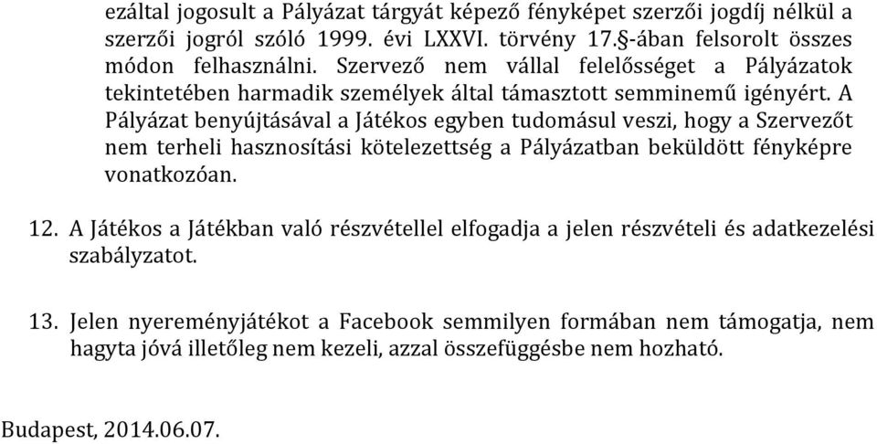 A Pályázat benyújtásával a Játékos egyben tudomásul veszi, hogy a Szervezőt nem terheli hasznosítási kötelezettség a Pályázatban beküldött fényképre vonatkozóan. 12.