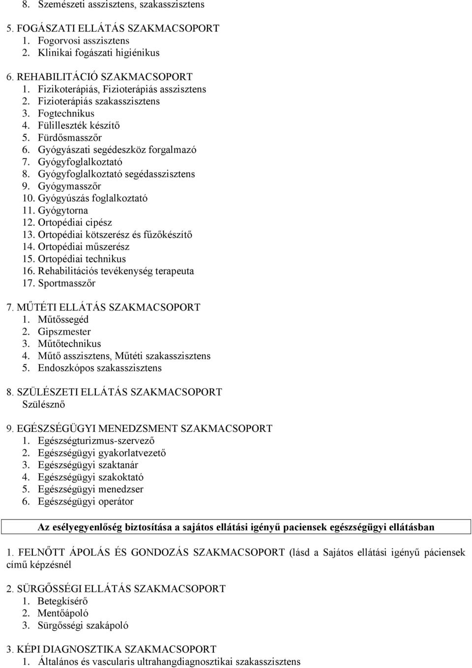 Gyógyfoglalkoztató segédasszisztens 9. Gyógymasszőr 10. Gyógyúszás foglalkoztató 11. Gyógytorna 12. Ortopédiai cipész 13. Ortopédiai kötszerész és fűzőkészítő 14. Ortopédiai műszerész 15.