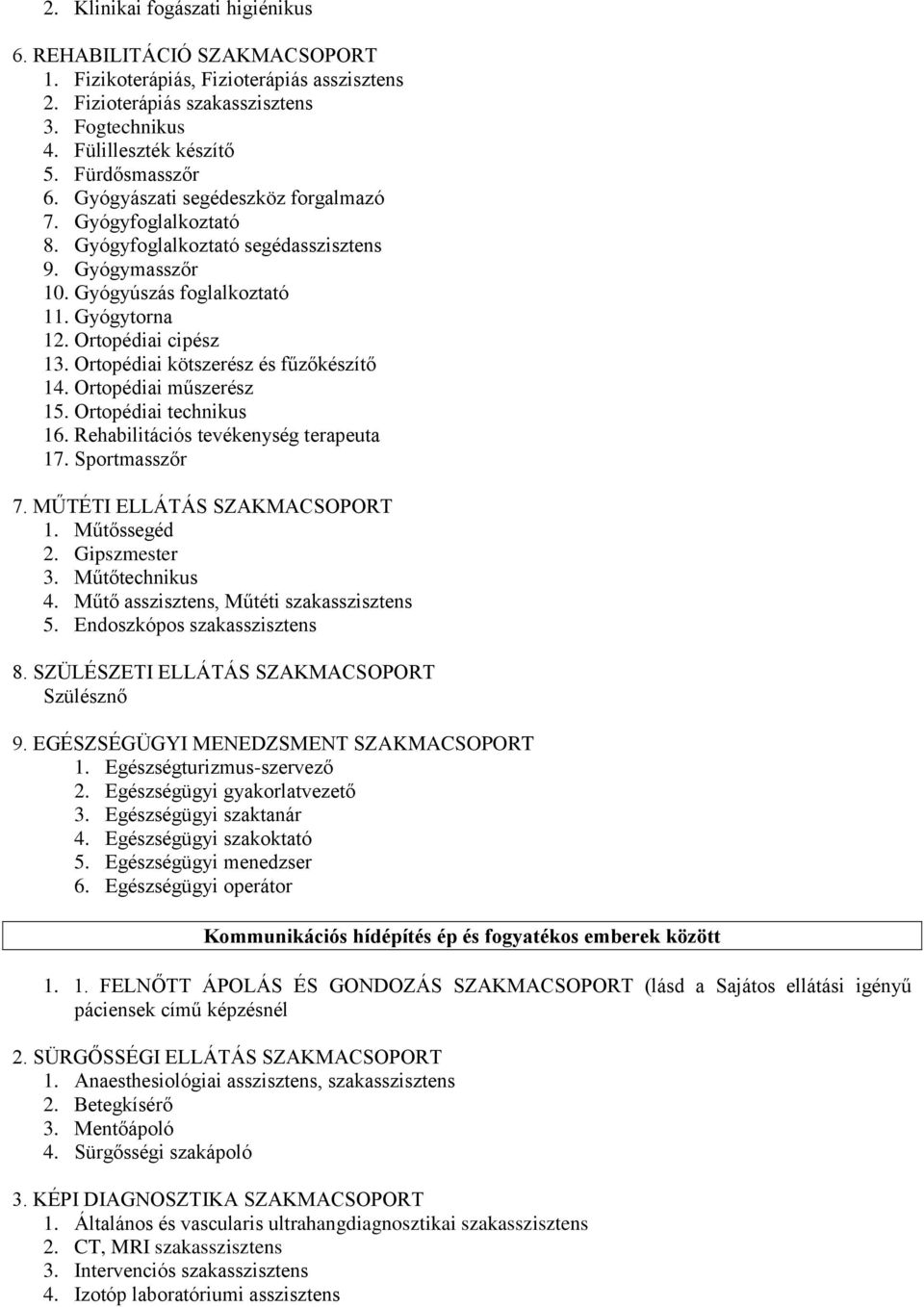 Ortopédiai kötszerész és fűzőkészítő 14. Ortopédiai műszerész 15. Ortopédiai technikus 16. Rehabilitációs tevékenység terapeuta 17. Sportmasszőr 7. MŰTÉTI ELLÁTÁS SZAKMACSOPORT 1. Műtőssegéd 2.