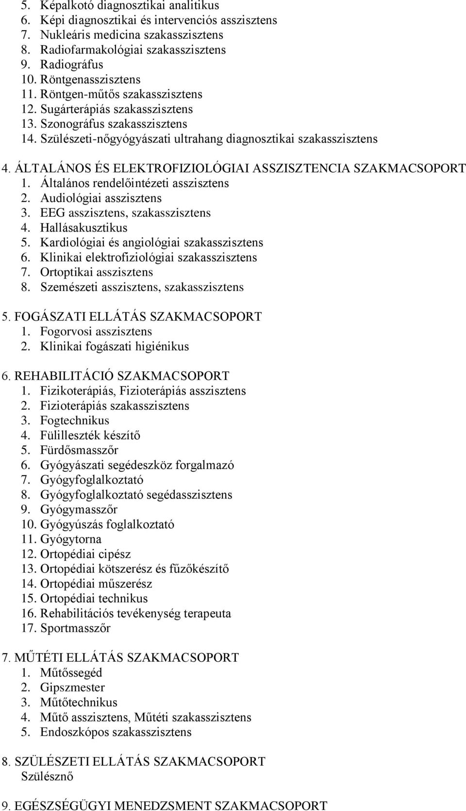 ÁLTALÁNOS ÉS ELEKTROFIZIOLÓGIAI ASSZISZTENCIA SZAKMACSOPORT 1. Általános rendelőintézeti asszisztens 2. Audiológiai asszisztens 3. EEG asszisztens, szakasszisztens 4. Hallásakusztikus 5.