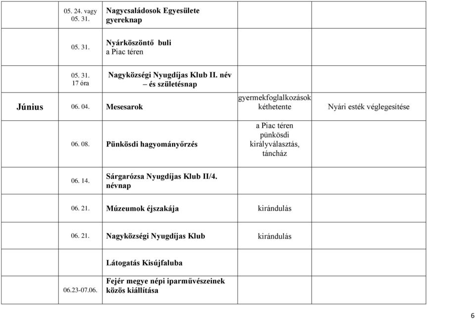 Pünkösdi hagyományőrzés gyermekfoglalkozások kéthetente a Piac téren pünkösdi királyválasztás, táncház Nyári esték véglegesítése 06.