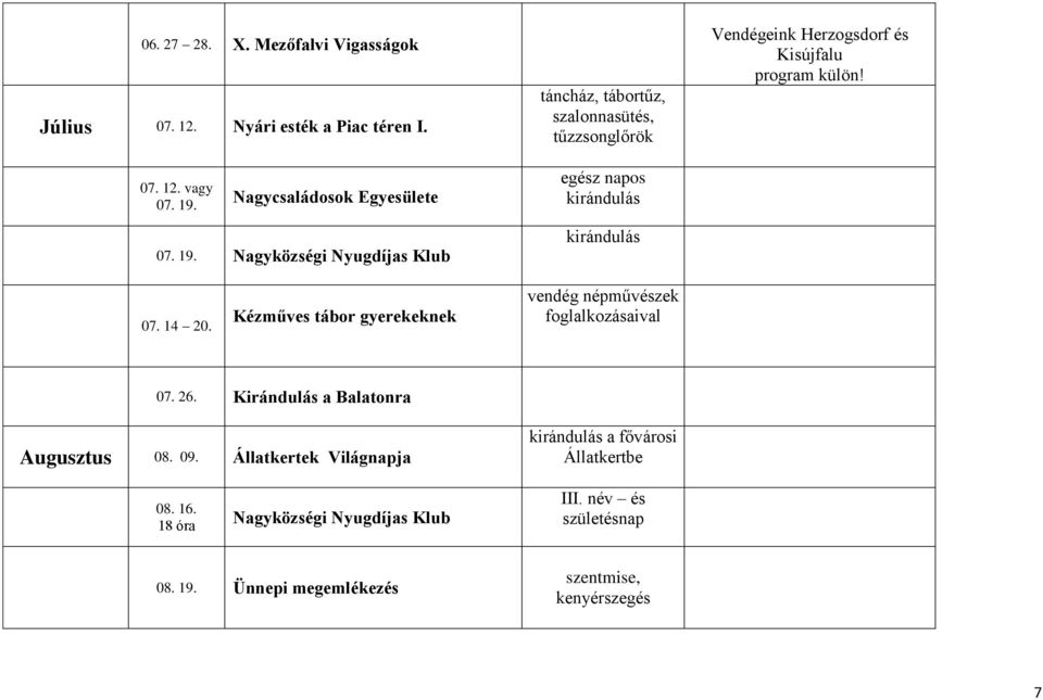 Nagycsaládosok Egyesülete egész napos kirándulás 07. 19. Nagyközségi Nyugdíjas Klub kirándulás 07. 14 20.
