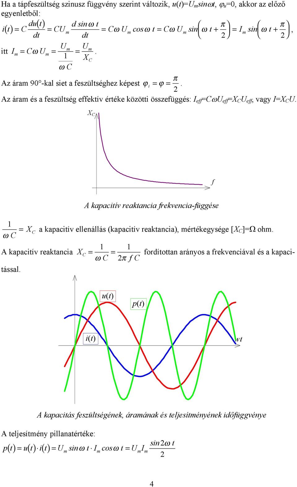 kapacitív reaktancia frekvencia-függése = X a kapacitív ellenállás (kapacitív reaktancia), értékegysége [X ]=Ω oh A kapacitív reaktancia X = = fordítottan arányos a