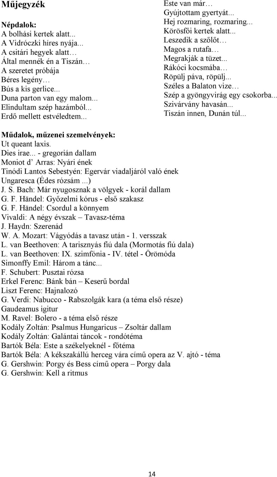 .. Rákóci kocsmába Röpülj páva, röpülj... Széles a Balaton vize Szép a gyöngyvirág egy csokorba... Szivárvány havasán... Tiszán innen, Dunán túl... Műdalok, műzenei szemelvények: Ut queant laxis.