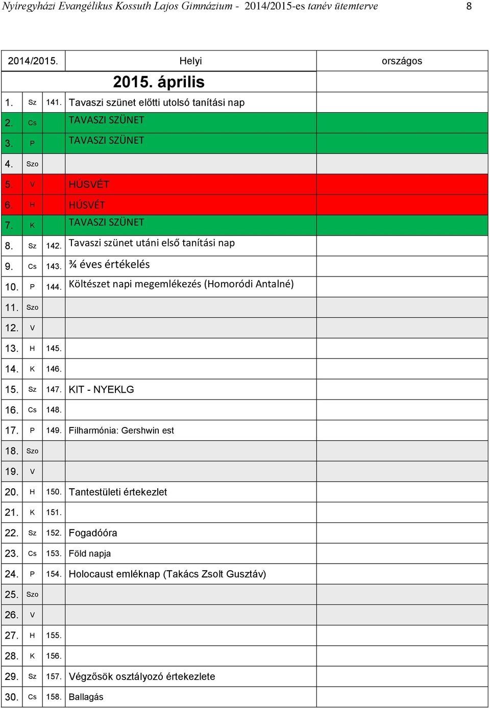 Költészet napi megemlékezés (Homoródi Antalné) 11. Szo 12. V 13. H 145. 14. K 146. 15. Sz 147. KIT - NYEKLG 16. Cs 148. 17. P 149. Filharmónia: Gershwin est 18. Szo 19. V 20. H 150.