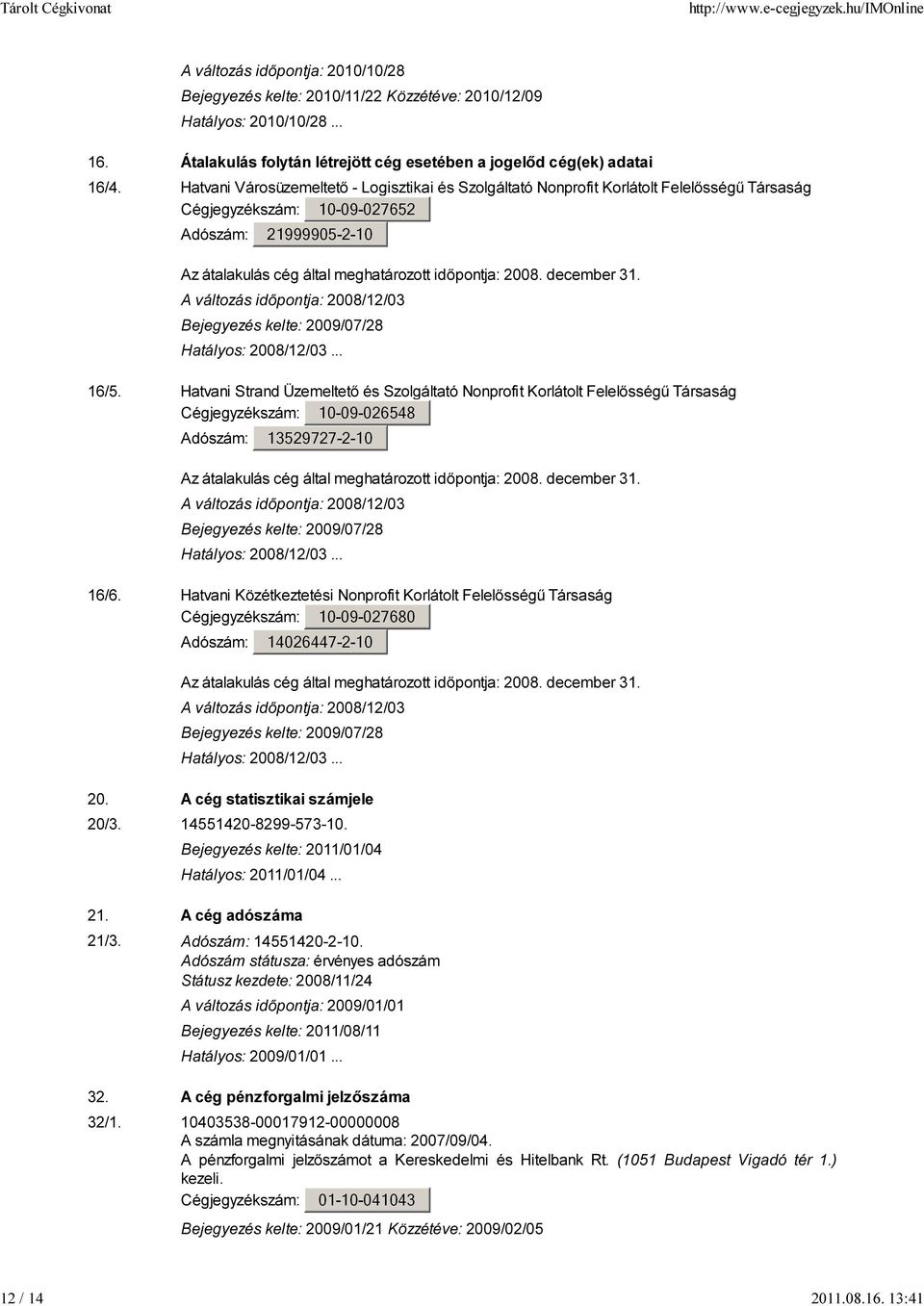 Hatvani Városüzemeltető - Logisztikai és Szolgáltató Nonprofit Korlátolt Felelősségű Társaság Adószám: Az átalakulás cég által meghatározott időpontja: 2008. december 31.