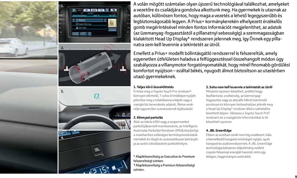A Prius+ kormánykerekén elhelyezett érzékelős gomb megérintésével minden fontos információt megjeleníthet, az adatok (az üzemanyag-fogyasztástól a pillanatnyi sebességig) a szemmagasságban