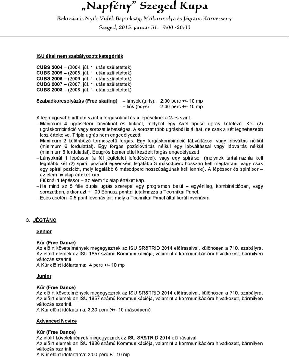 Maximum 4 ugráselem lányoknál és fiúknál, melyből egy Axel típusú ugrás kötelező. Két (2) ugráskombináció vagy sorozat lehetséges.