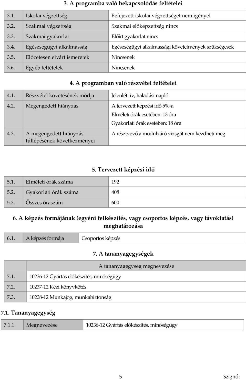 1. Részvétel követésének módja Jelenléti ív, haladási napló 4.2. Megengedett hiányzás A tervezett képzési idő 5%-a Elméleti órák esetében: 13 
