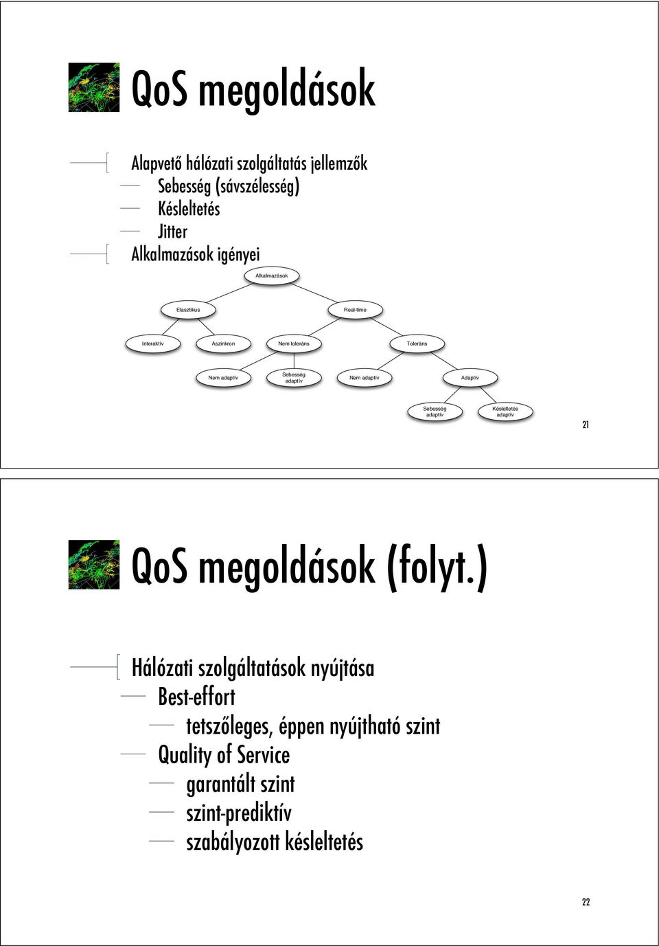 Nem adaptív Adaptív Sebesség adaptív Késleltetés adaptív 21 QoS megoldások (folyt.