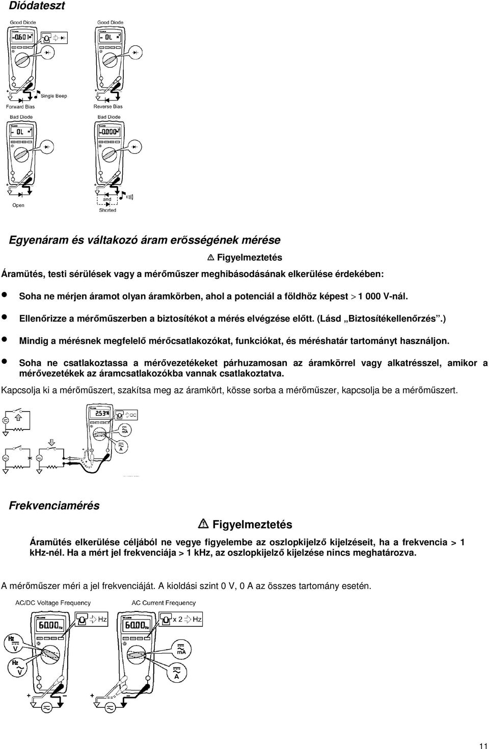 ) Mindig a mérésnek megfelelő mérőcsatlakozókat, funkciókat, és méréshatár tartományt használjon.