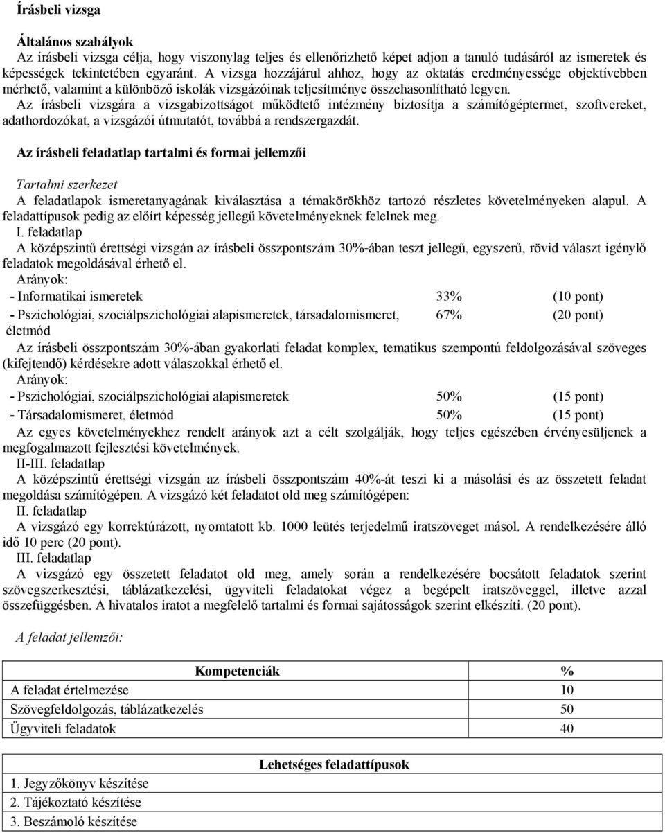 Az írásbeli vizsgára a vizsgabizottságot működtető intézmény biztosítja a számítógéptermet, szoftvereket, adathordozókat, a vizsgázói útmutatót, továbbá a rendszergazdát.