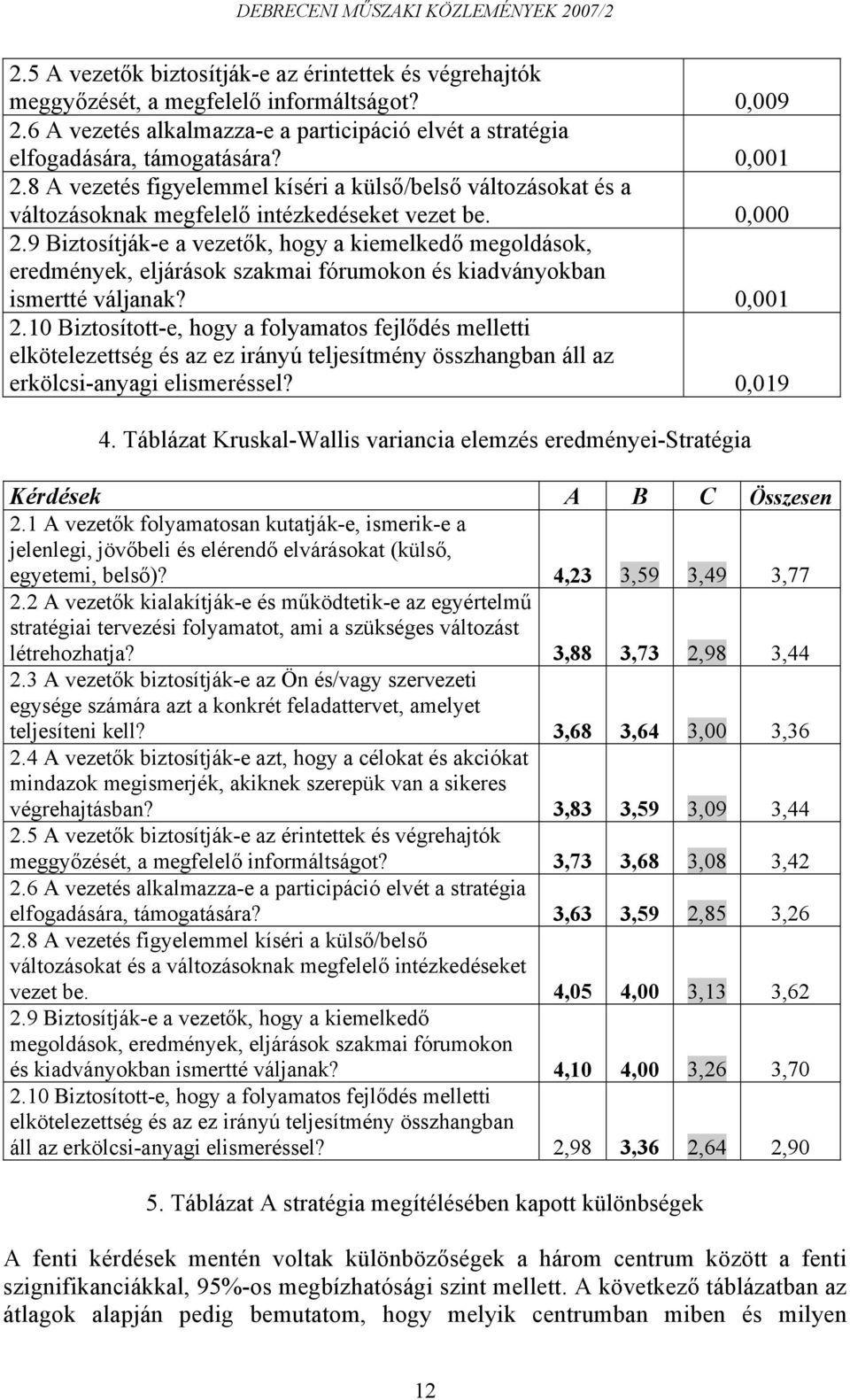 9 Biztosítják-e a vezetők, hogy a kiemelkedő megoldások, eredmények, eljárások szakmai fórumokon és kiadványokban ismertté váljanak? 0,001 2.