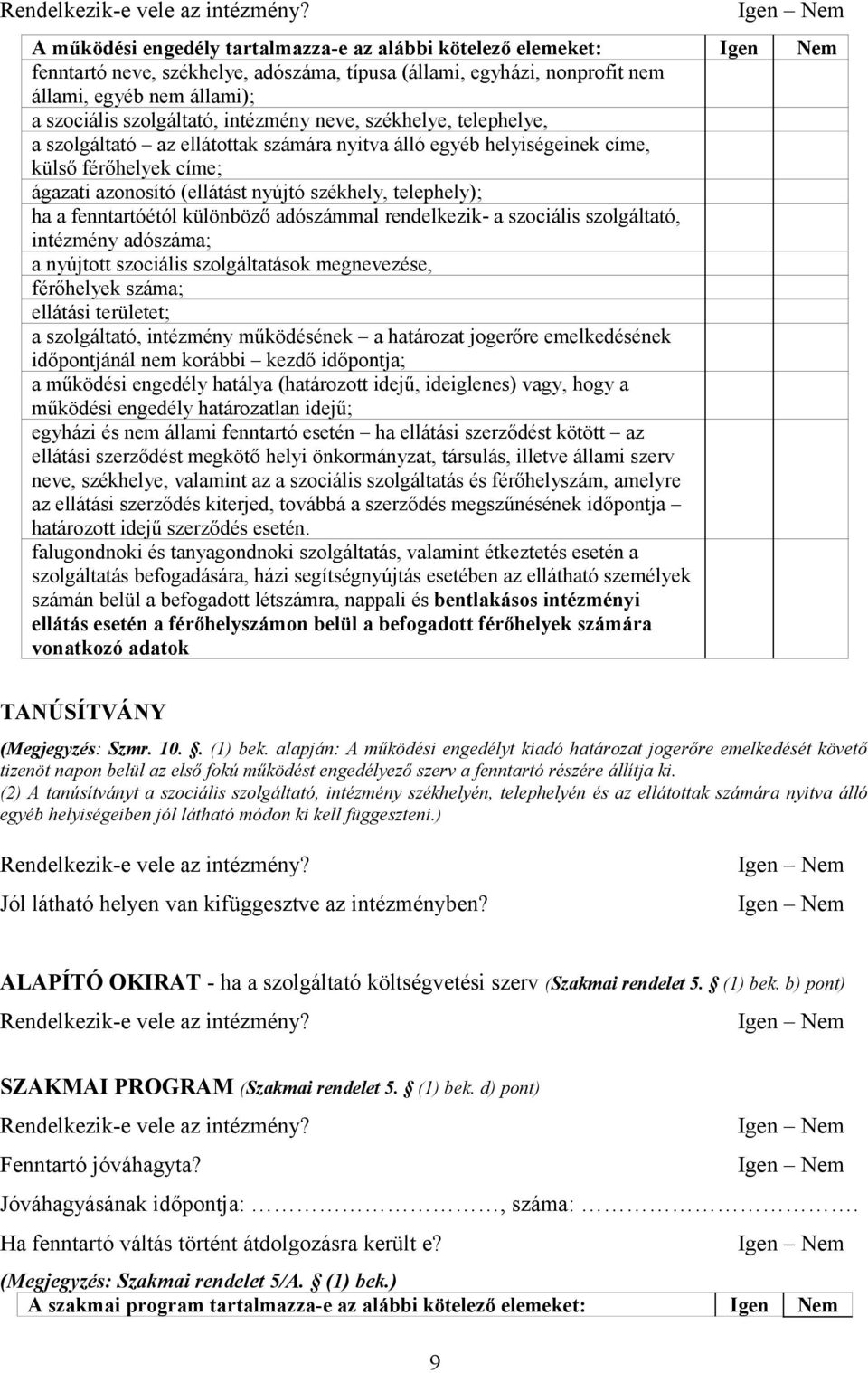 intézmény neve, székhelye, telephelye, a szolgáltató az ellátottak számára nyitva álló egyéb helyiségeinek címe, külső férőhelyek címe; ágazati azonosító (ellátást nyújtó székhely, telephely); ha a