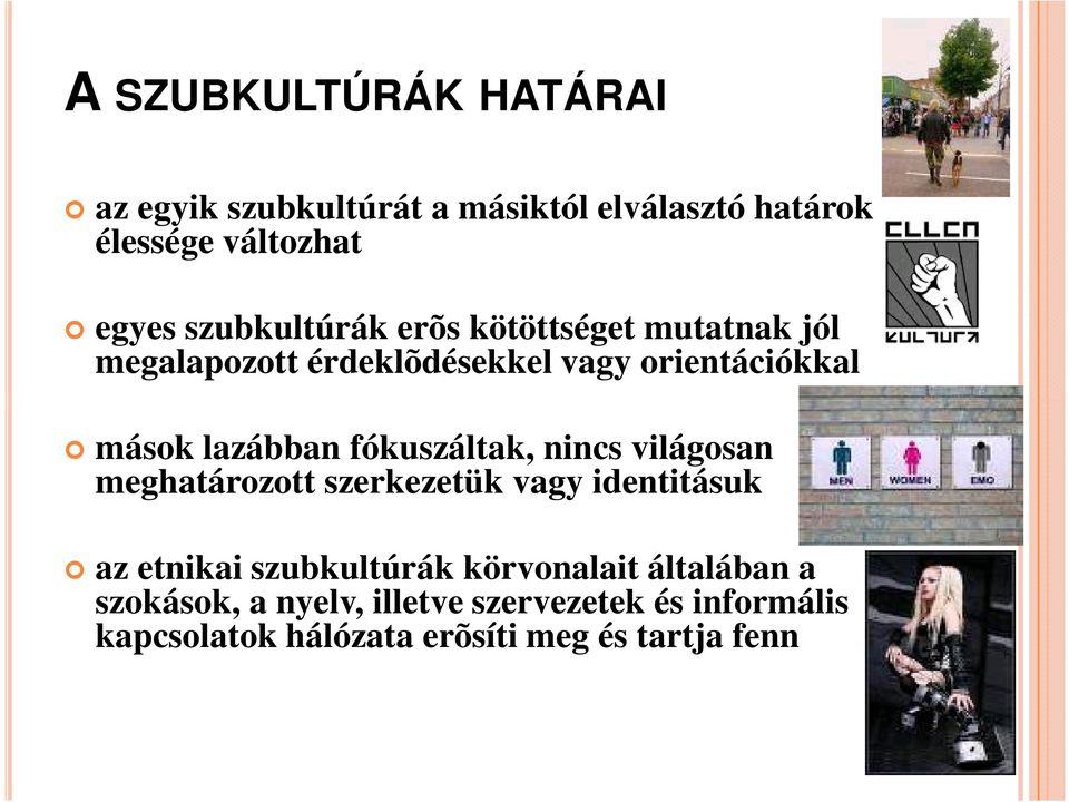 fókuszáltak, nincs világosan meghatározott szerkezetük vagy identitásuk az etnikai szubkultúrák