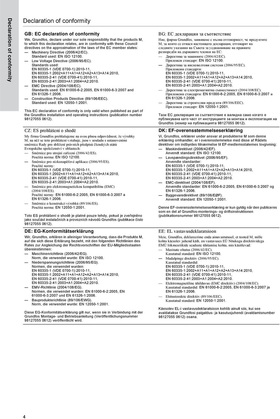 Standards used: EMC Directive (2004/108/EC). Standards used: EN 61000-6-2:2005, EN 61000-6-3:2007 and Construction Products Directive (89/106/EEC). Standard used: EN 12050-1:2001.