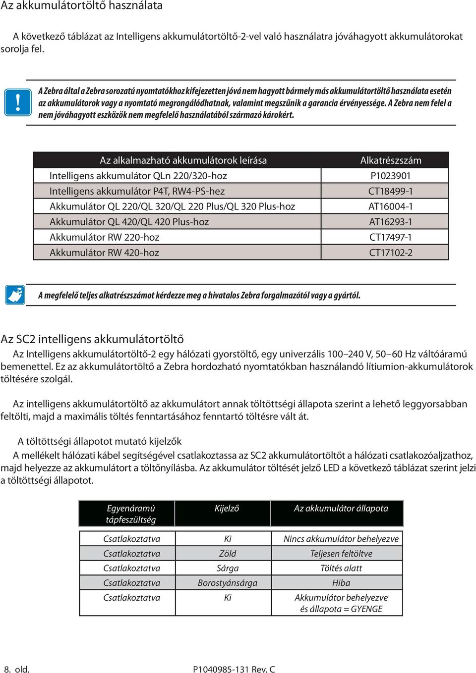 garancia érvényessége. A Zebra nem felel a nem jóváhagyott eszközök nem megfelelő használatából származó károkért.