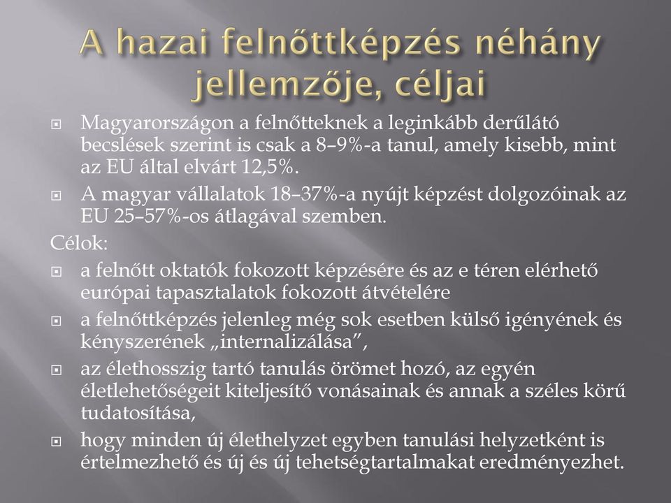 Célok: a felnőtt oktatók fokozott képzésére és az e téren elérhető európai tapasztalatok fokozott átvételére a felnőttképzés jelenleg még sok esetben külső igényének