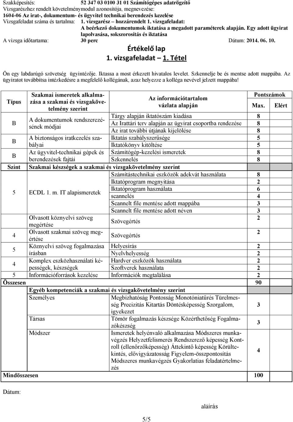 Típus B B B Szint Szakmai ismeretek alkalmazása a szakmai és vizsgakövetelmény szerint A dokumentumok rendszerezésének módjai 5/5 Az információtartalom vázlata alapján A biztonságos iratkezelés