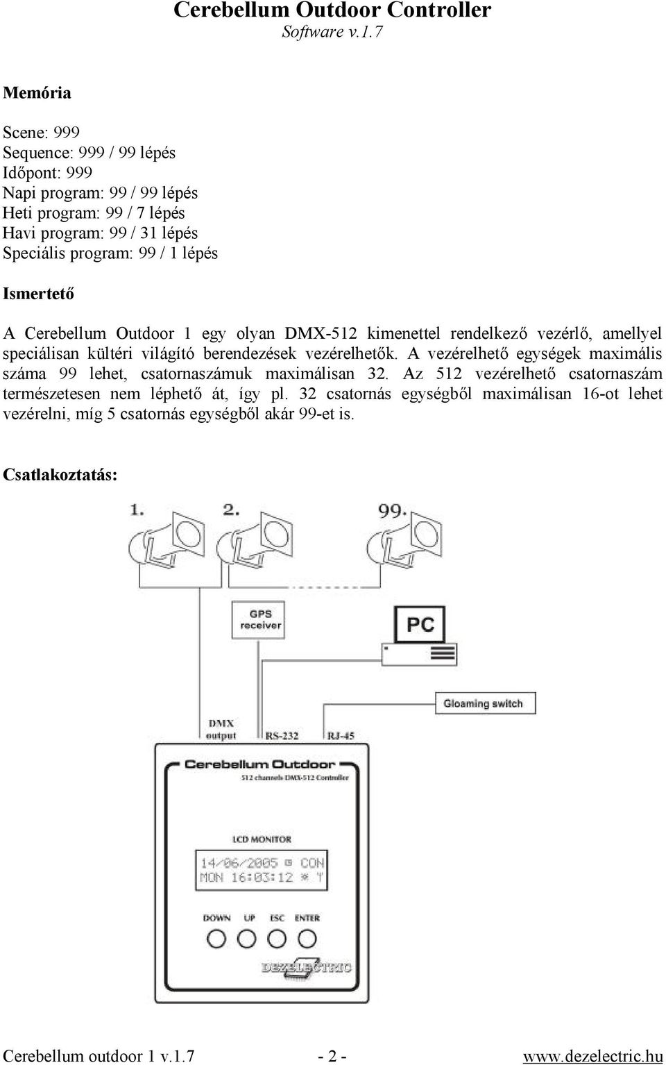 lépés Ismertető A Cerebellum Outdoor 1 egy olyan DMX-512 kimenettel rendelkező vezérlő, amellyel speciálisan kültéri világító berendezések vezérelhetők.