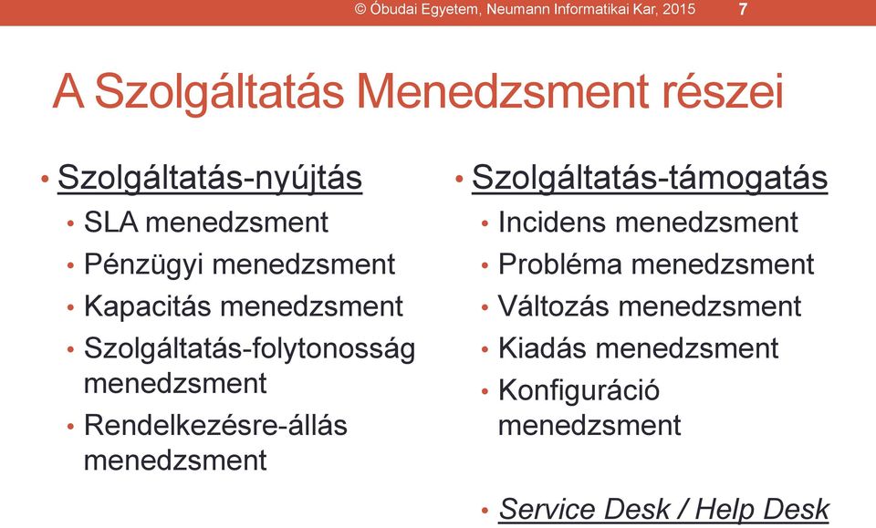 Szolgáltatás-folytonosság menedzsment Rendelkezésre-állás menedzsment Szolgáltatás-támogatás