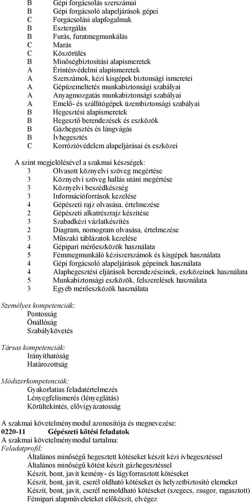 szabályai Hegesztési alapismeretek Hegesztő berendezések és eszközök Gázhegesztés és lángvágás Ívhegesztés Korrózióvédelem alapeljárásai és eszközei A szint megjelölésével a szakmai készségek: 3