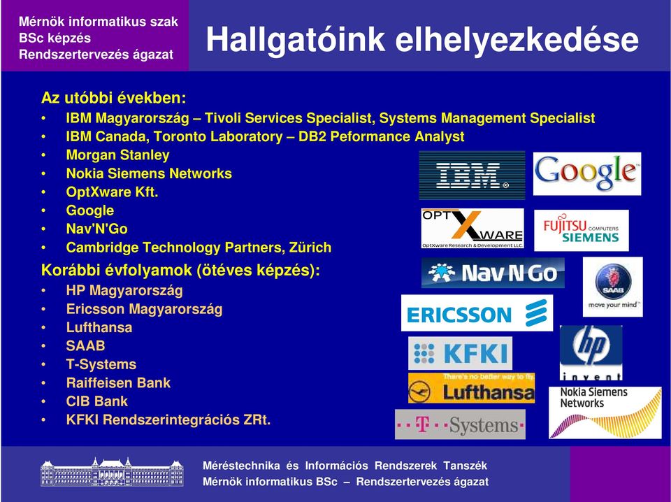 Kft. Google Nav'N'Go Cambridge Technology Partners, Zürich Korábbi évfolyamok (ötéves képzés): HP Magyarország