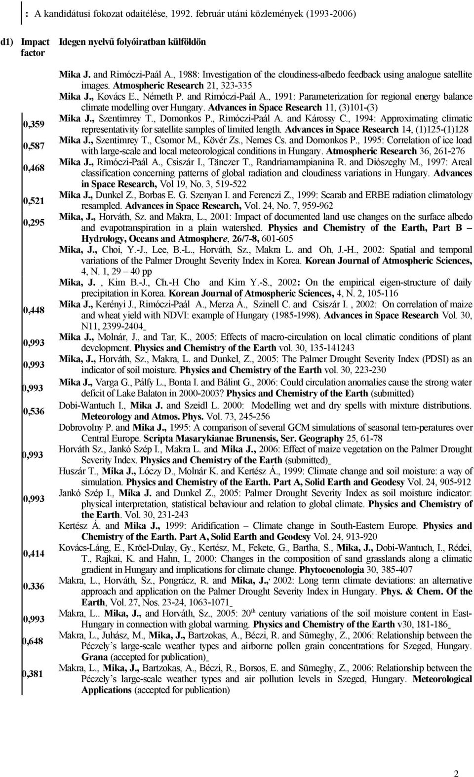 Atmospheric Research 21, 323-335 Mika J., Kovács E., Németh P. and Rimóczi-Paál A., 1991: Parameterization for regional energy balance climate modelling over Hungary.