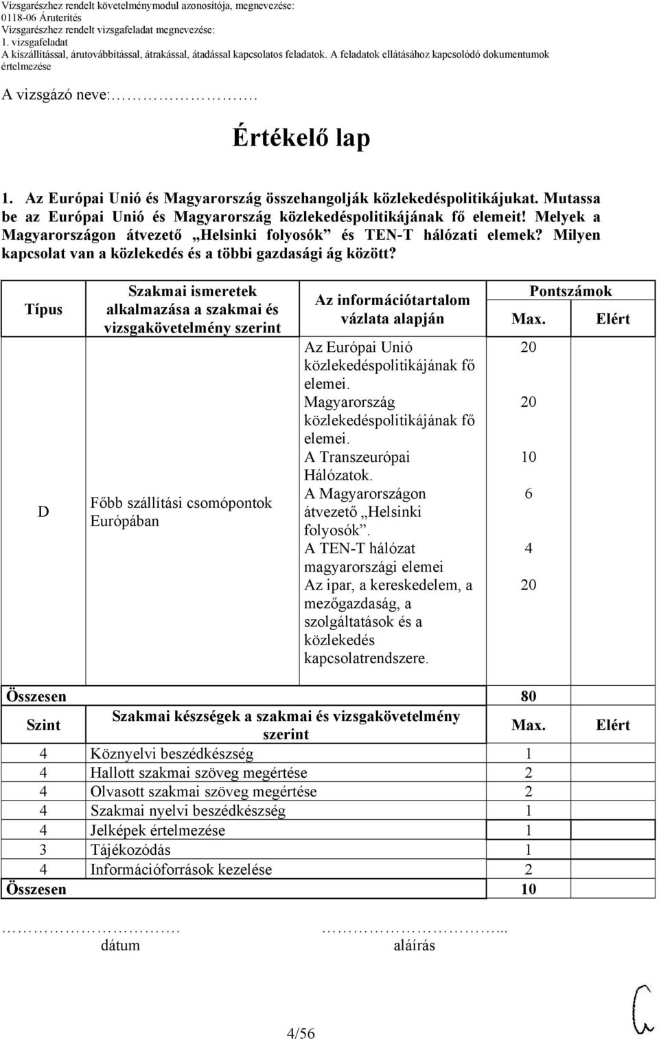 Típus D Szakmai ismeretek alkalmazása a szakmai és vizsgakövetelmény szerint Főbb szállítási csomópontok Európában Az információtartalom vázlata alapján Az Európai Unió közlekedéspolitikájának fő