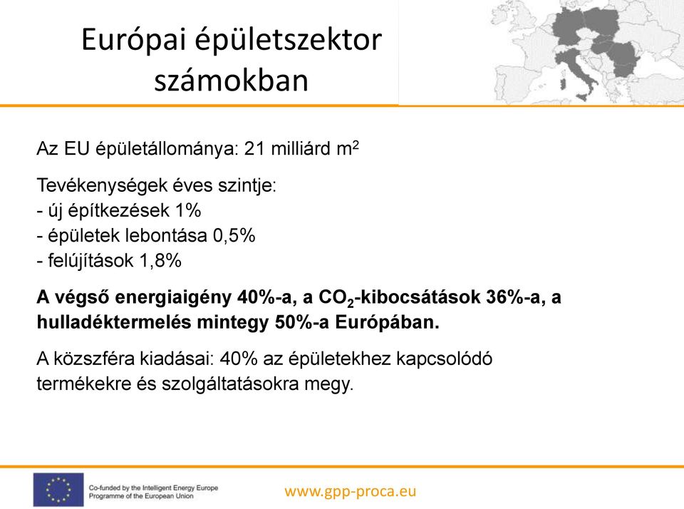 energiaigény 40%-a, a CO 2 -kibocsátások 36%-a, a hulladéktermelés mintegy 50%-a