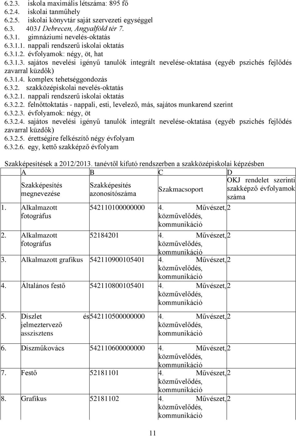 3.2.1. nappali rendszerű iskolai oktatás 6.3.2.2. felnőttoktatás - nappali, esti, levelező, más, sajátos munkarend szerint 6.3.2.3. évfolyamok: négy, öt 6.3.2.4.