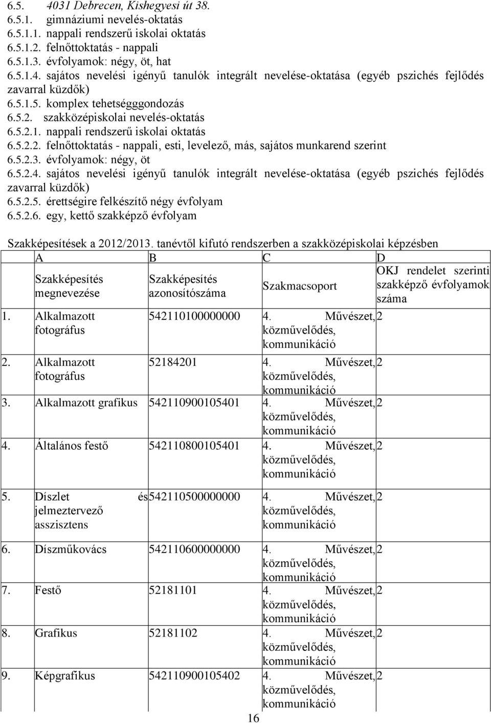 5.2.3. évfolyamok: négy, öt 6.5.2.4. sajátos nevelési igényű tanulók integrált nevelése-oktatása (egyéb pszichés fejlődés zavarral küzdők) 6.5.2.5. érettségire felkészítő négy évfolyam 6.5.2.6. egy, kettő szakképző évfolyam Szakképesítések a 2012/2013.