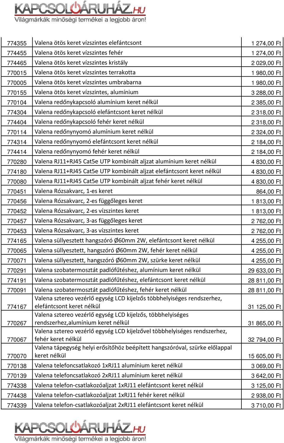 Valena redőnykapcsoló fehér keret nélkül 770114 Valena redőnynyomó alumínium keret nélkül 774314 Valena redőnynyomó elefántcsont keret nélkül 774414 Valena redőnynyomó fehér keret nélkül 770280