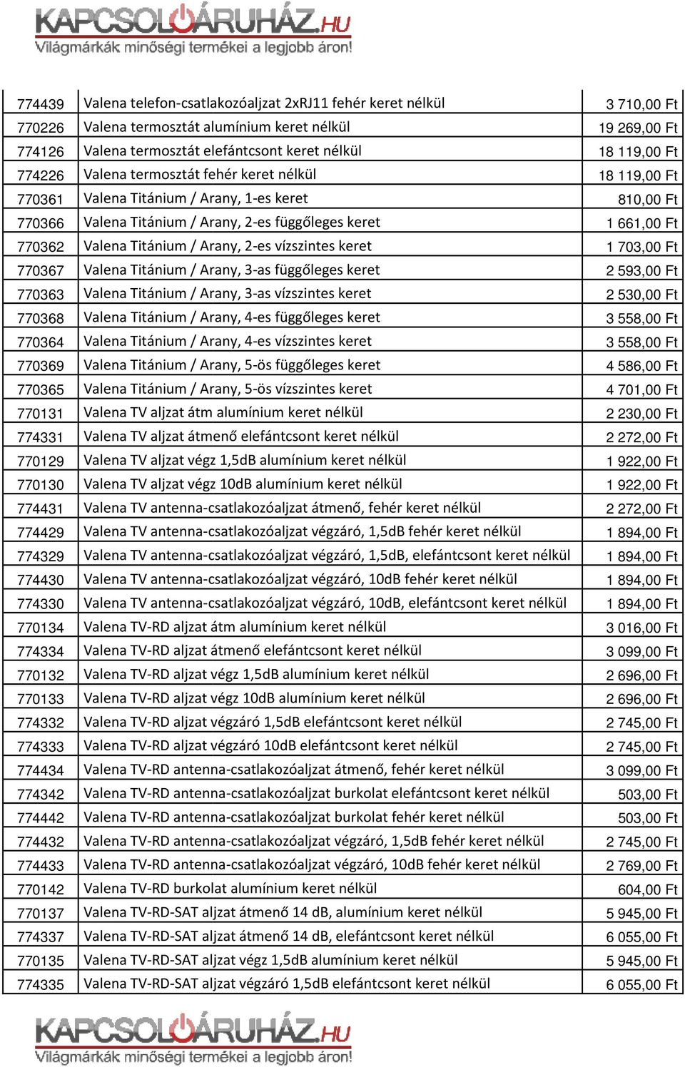 3-as függőleges keret 770363 Valena Titánium / Arany, 3-as vízszintes keret 770368 Valena Titánium / Arany, 4-es függőleges keret 770364 Valena Titánium / Arany, 4-es vízszintes keret 770369 Valena