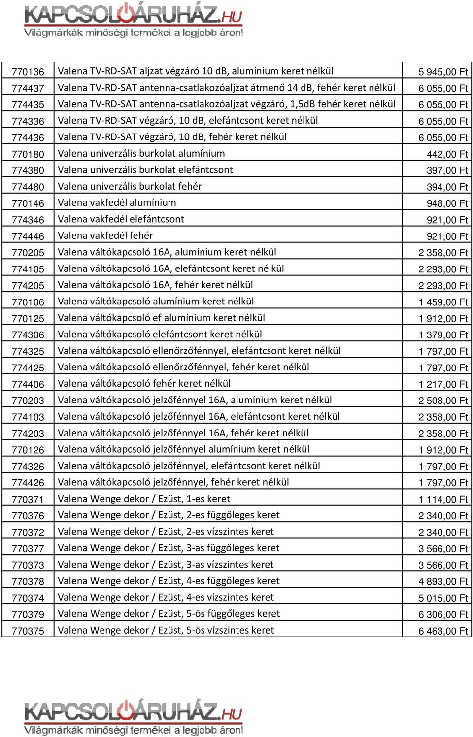 alumínium 774380 Valena univerzális burkolat elefántcsont 774480 Valena univerzális burkolat fehér 770146 Valena vakfedél alumínium 774346 Valena vakfedél elefántcsont 774446 Valena vakfedél fehér